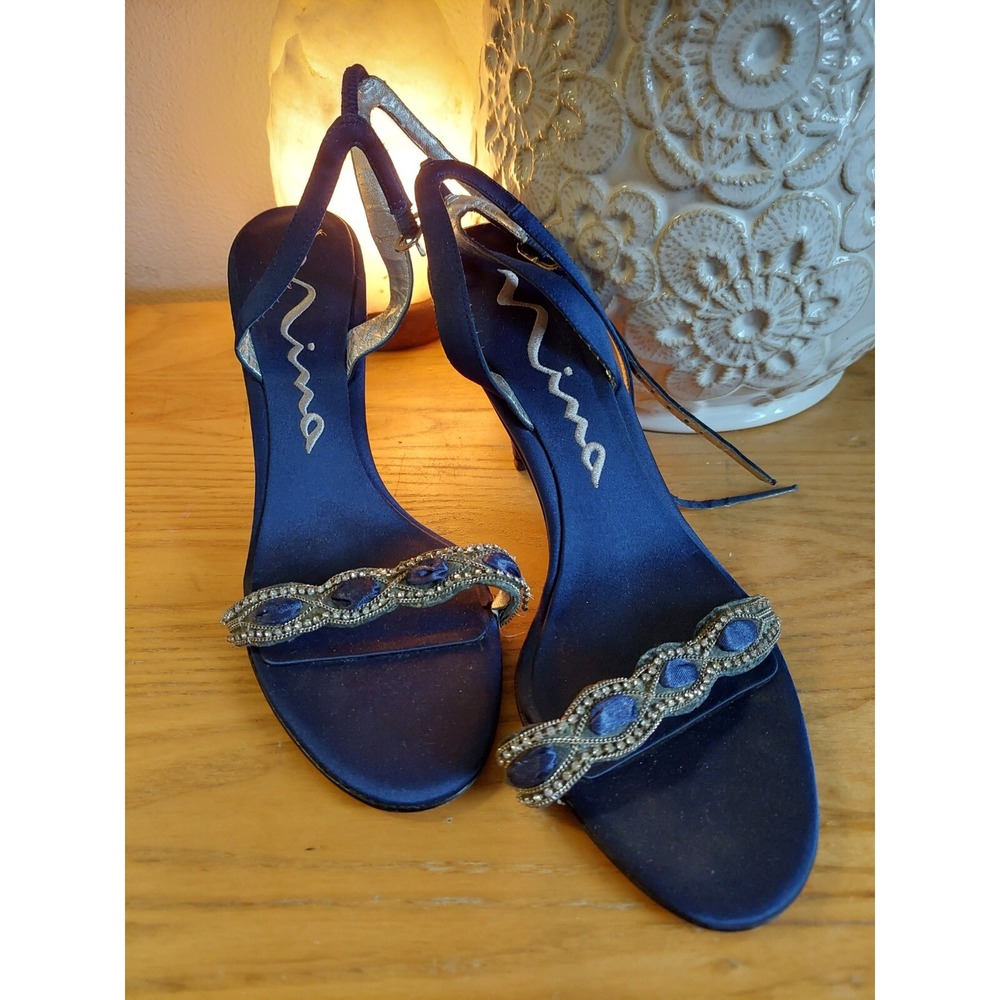Blue Ankle Wrap Heels w Leather Soles & Embellishments by Nina, Size 8.5 M Used